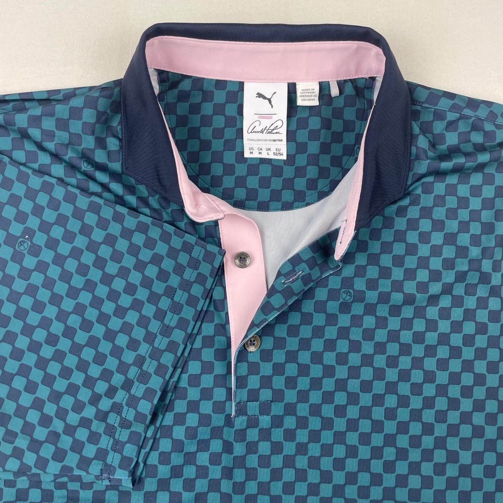Puma Arnold Palmer Golf Polo Shirt Mens Medium Teal Blue Checkered Performance